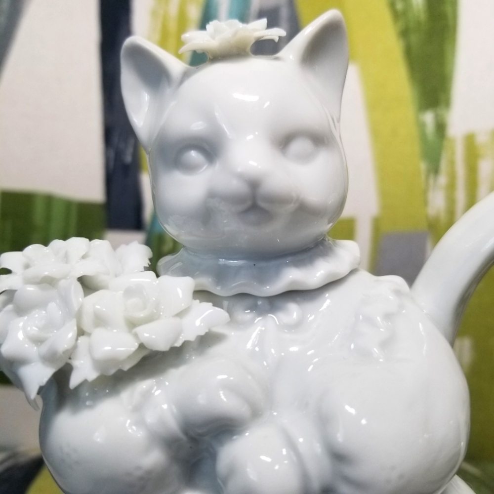 Lady Cat Tea Pot In Fancy Dress With Ruffle Details Victorian Style Cottage Core